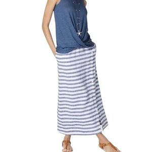 J.Jill Love 100% Linen Blue White Stripe Maxi Skirt Elastic Pockets Large Petite
